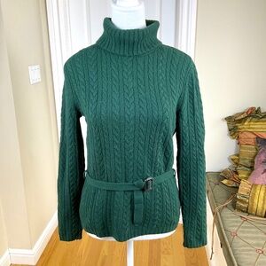 Lauren Ralph Lauren Sweater Turtleneck Green Cable Knit Belt Wool Angora (P/P)